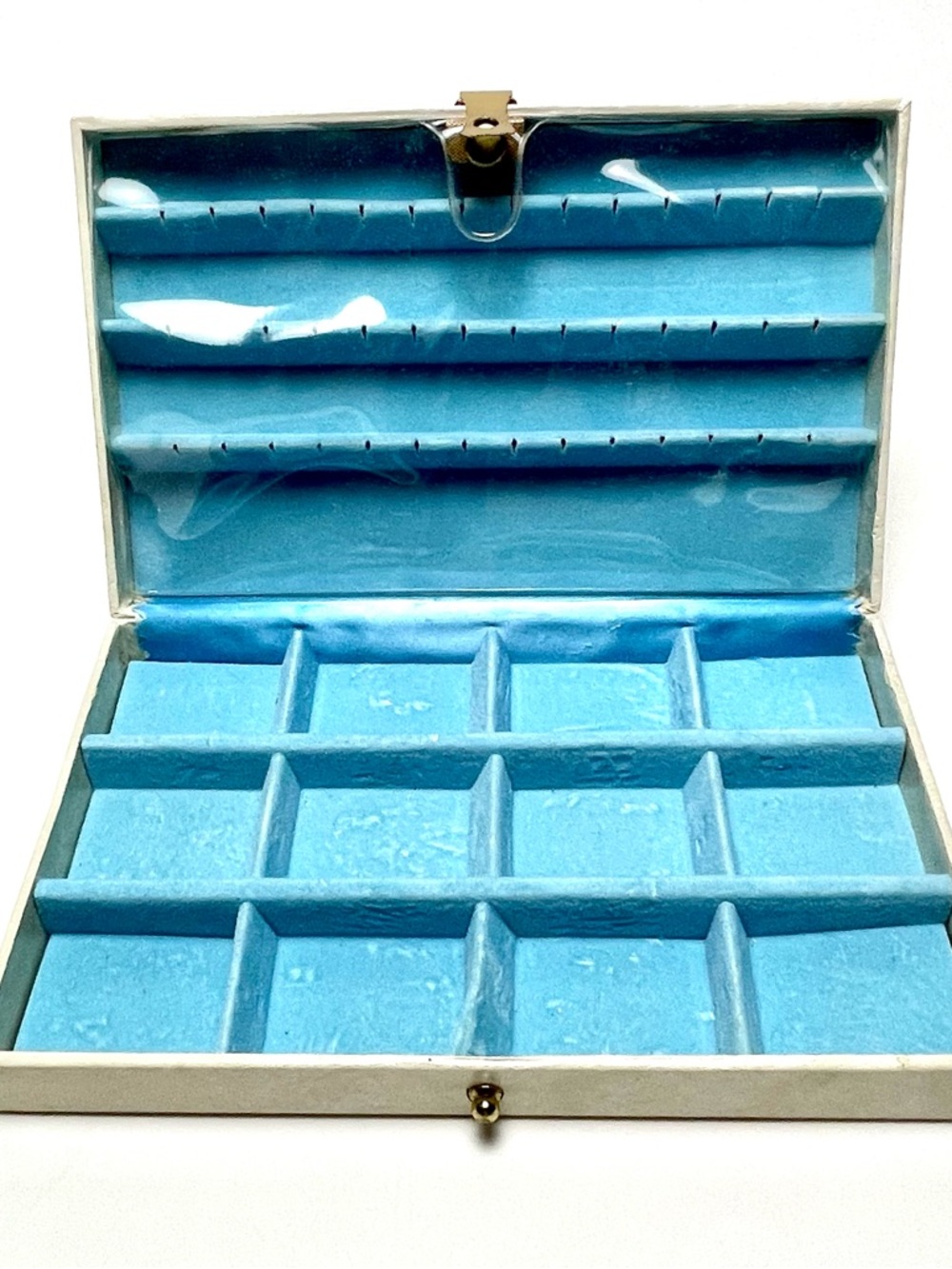 Vintage 60s Buxton Jewelry Box Compartments Beige Light Blue Velvet Travel Valet